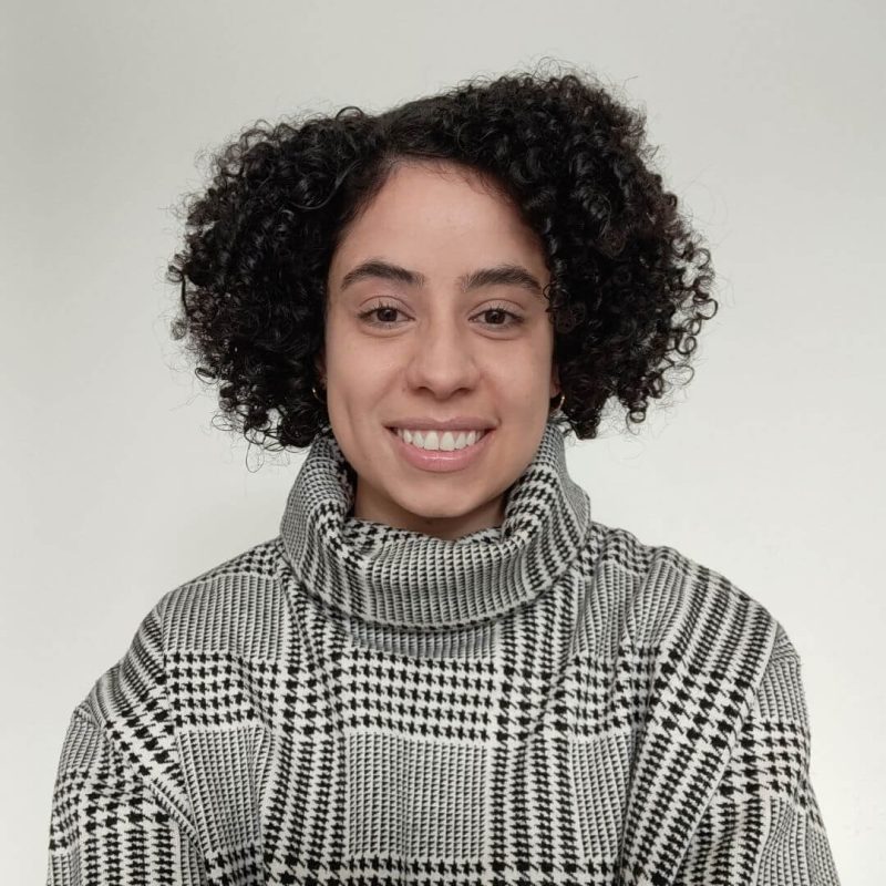Foto da psicóloga Mariana dos Santos Pereira, especialista em Psicologia Analítica na clínica Presente Psicologia. Ela tem cabelos cacheados escuros, sorri de forma acolhedora e veste um suéter de gola alta com estampa xadrez em preto e branco