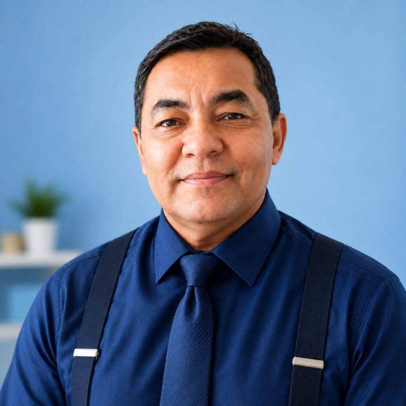 Foto do psicólogo Mieli Rivero Montaño, atuante na Psicanálise Winnicottiana pela clínica Presente Psicologia. Ele tem uma expressão serena e um sorriso acolhedor, veste uma camisa social azul-escura com gravata e suspensórios, posicionado contra um fundo azul-claro.