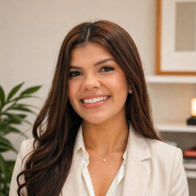 Foto da psicóloga Raynara Leal Diniz, especialista em Terapia Cognitivo-Comportamental (TCC) na clínica Presente Psicologia. Ela tem longos cabelos escuros, sorri de forma muito acolhedora e veste um blazer claro em um ambiente de consultório.